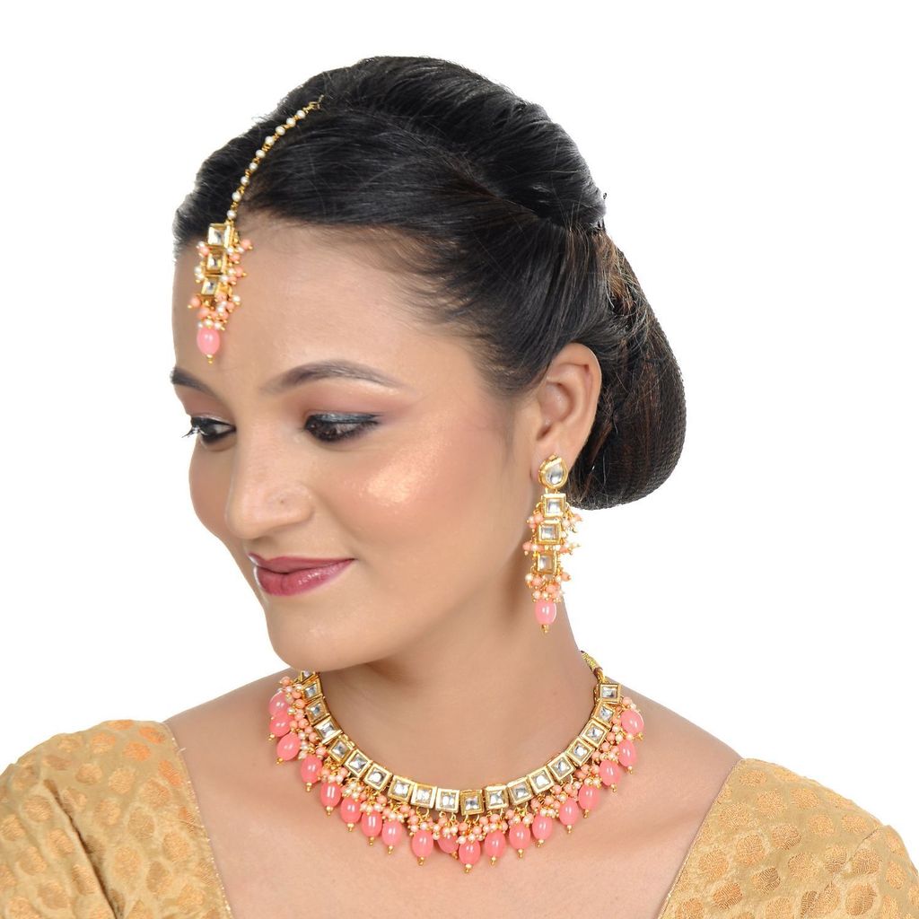 LUCKY JEWELLERY Back Meenakari 18k Gold Plated Peach Color Tika Earring Combo Uncut Big Faux Kundan Choker Necklace set
