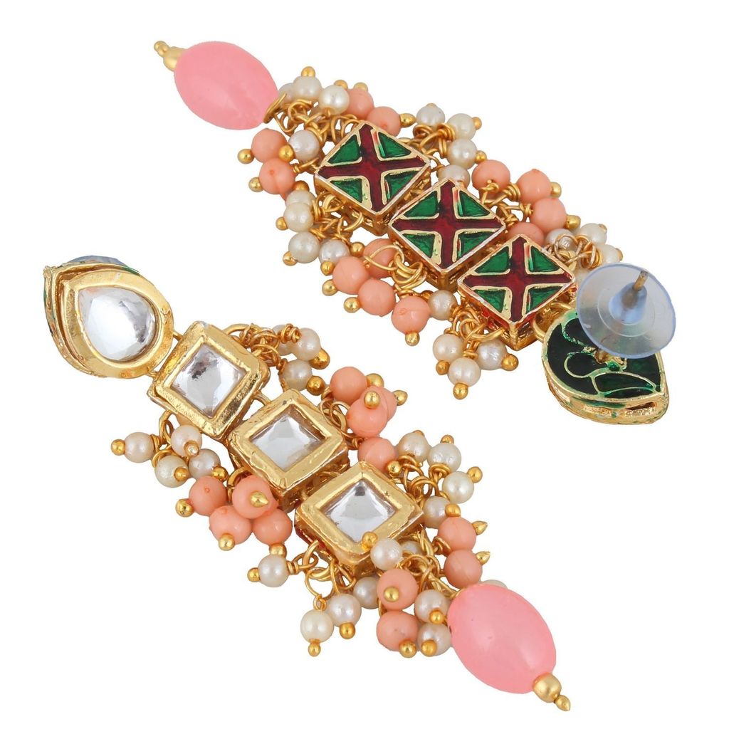 LUCKY JEWELLERY Back Meenakari 18k Gold Plated Peach Color Tika Earring Combo Uncut Big Faux Kundan Choker Necklace set