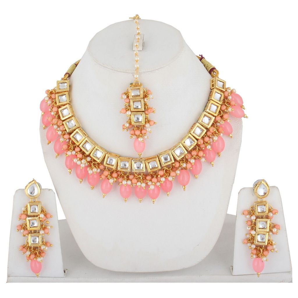 LUCKY JEWELLERY Back Meenakari 18k Gold Plated Peach Color Tika Earring Combo Uncut Big Faux Kundan Choker Necklace set