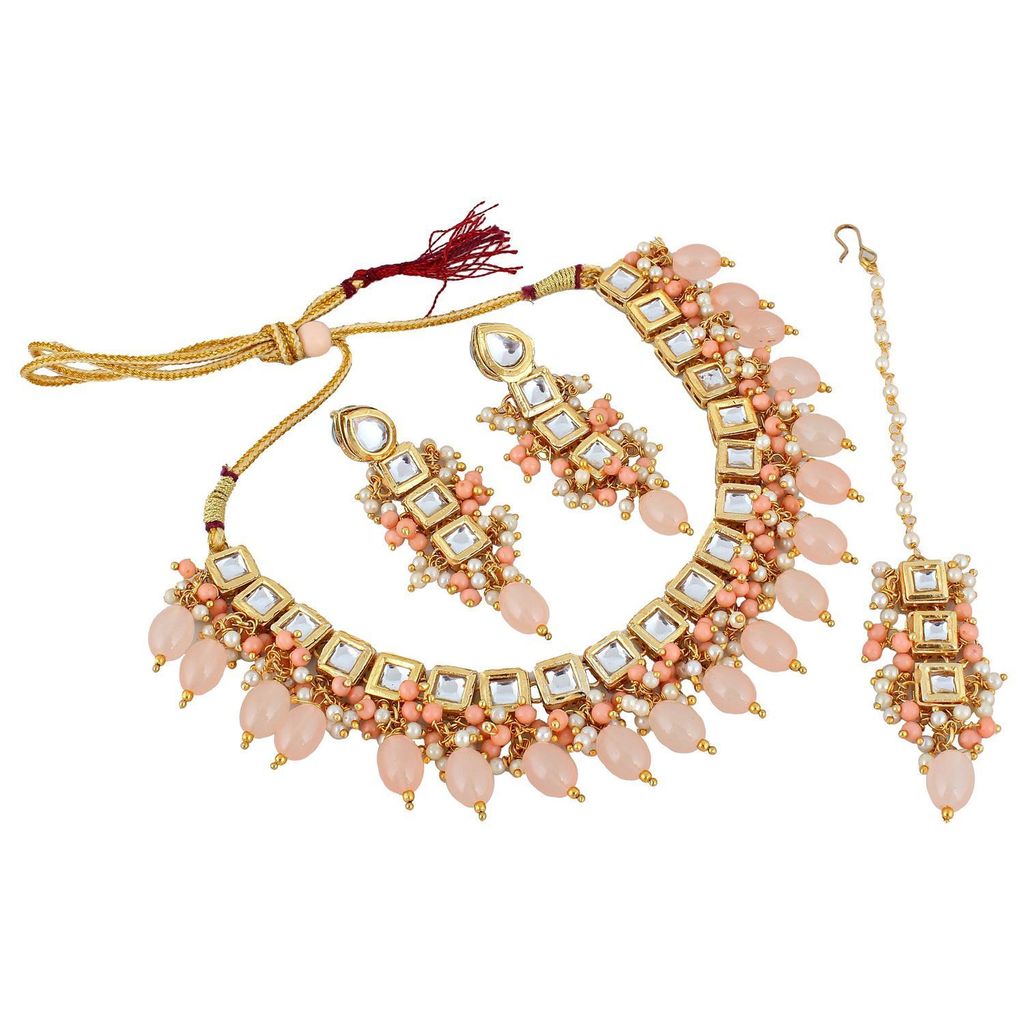 LUCKY JEWELLERY Back Meenakari 18k Gold Plated Peach Color Tika Earring Combo Uncut Big Faux Kundan Choker Necklace set