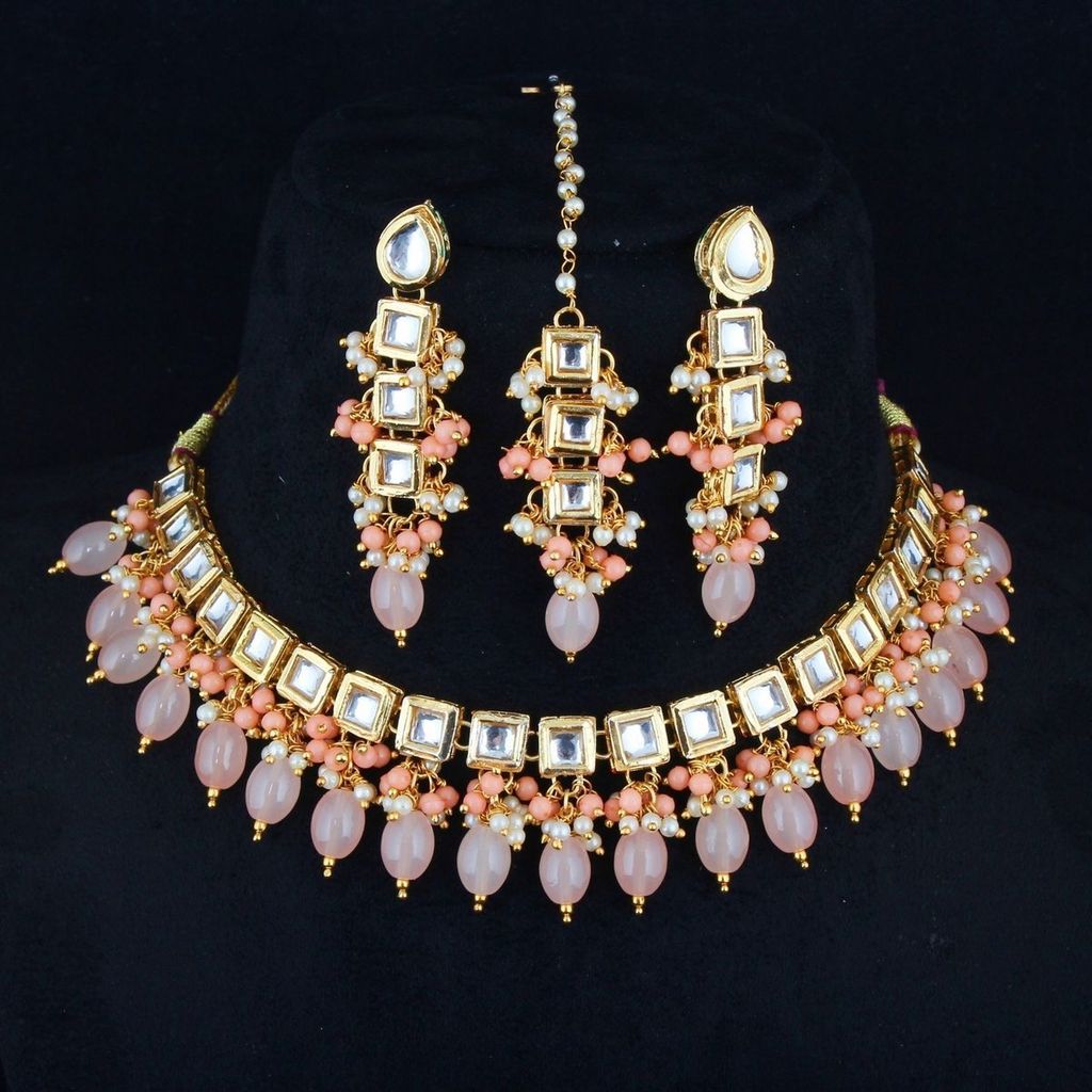 LUCKY JEWELLERY Back Meenakari 18k Gold Plated Peach Color Tika Earring Combo Uncut Big Faux Kundan Choker Necklace set