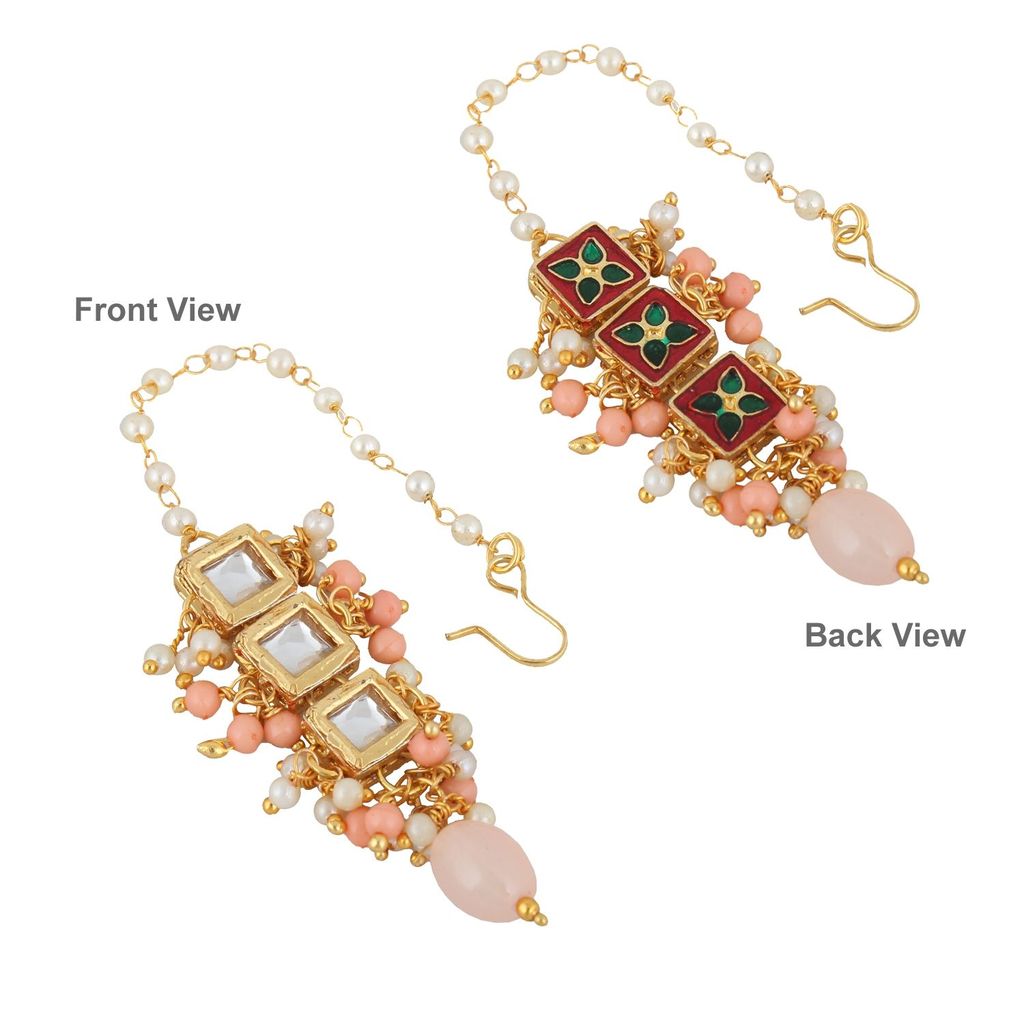 LUCKY JEWELLERY Back Meenakari 18k Gold Plated Peach Color Tika Earring Combo Uncut Big Faux Kundan Choker Necklace set