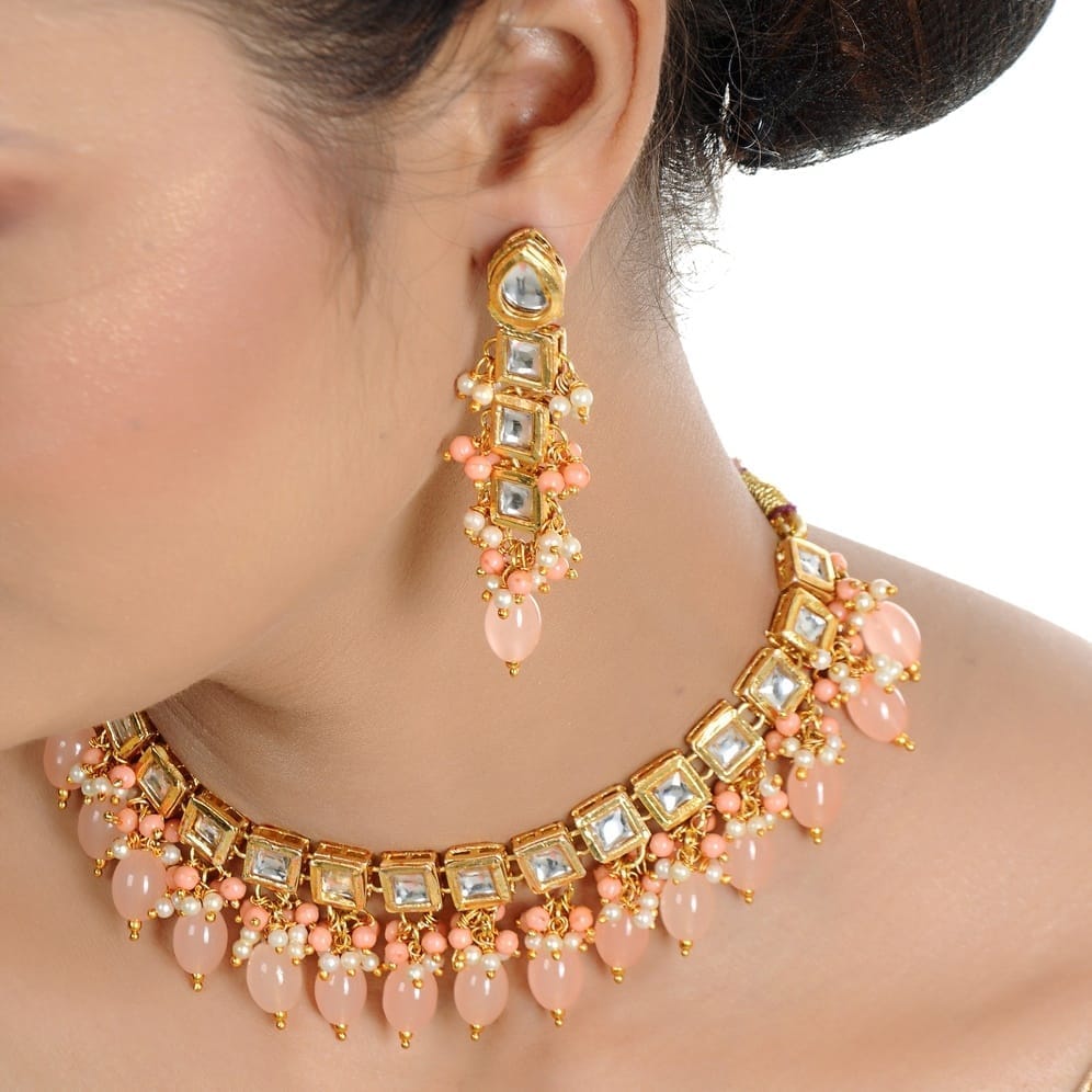 LUCKY JEWELLERY Back Meenakari 18k Gold Plated Peach Color Tika Earring Combo Uncut Big Faux Kundan Choker Necklace set