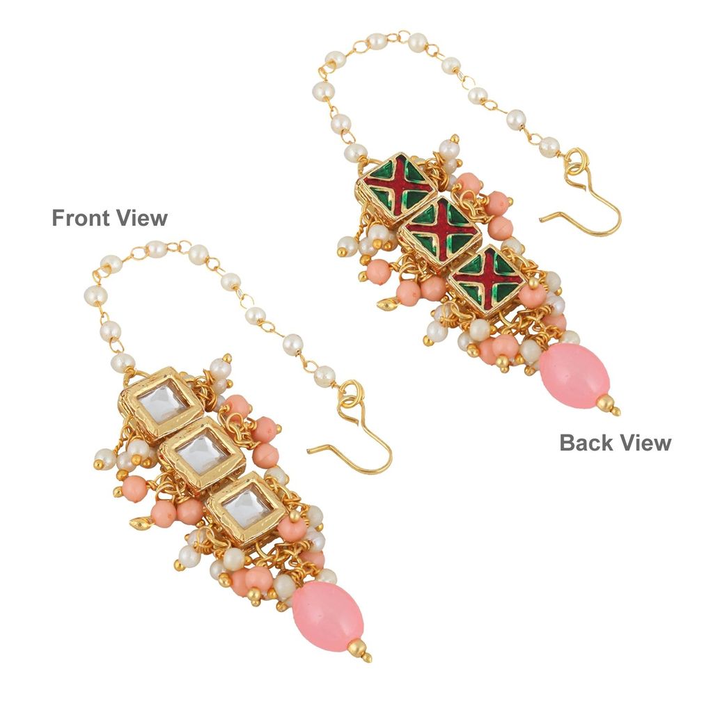 LUCKY JEWELLERY Back Meenakari 18k Gold Plated Peach Color Tika Earring Combo Uncut Big Faux Kundan Choker Necklace set