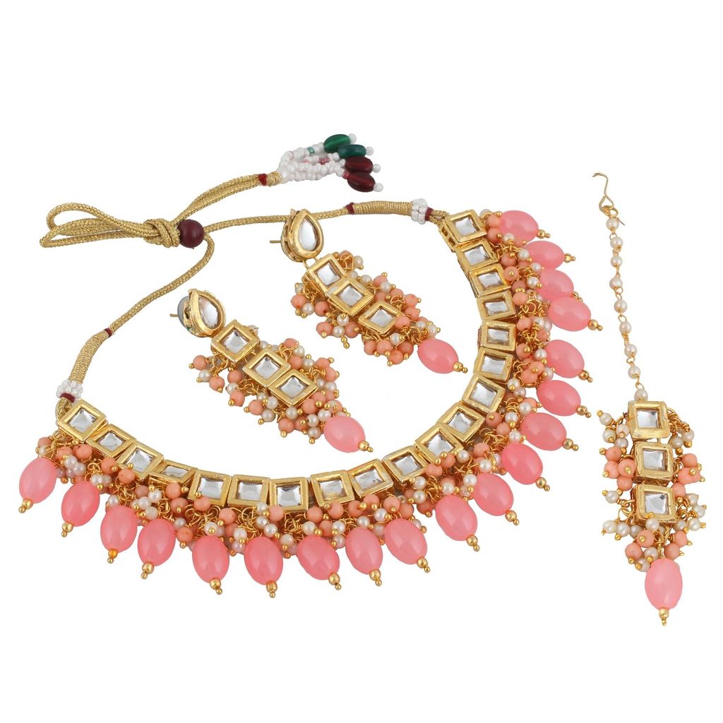 LUCKY JEWELLERY Back Meenakari 18k Gold Plated Peach Color Tika Earring Combo Uncut Big Faux Kundan Choker Necklace set