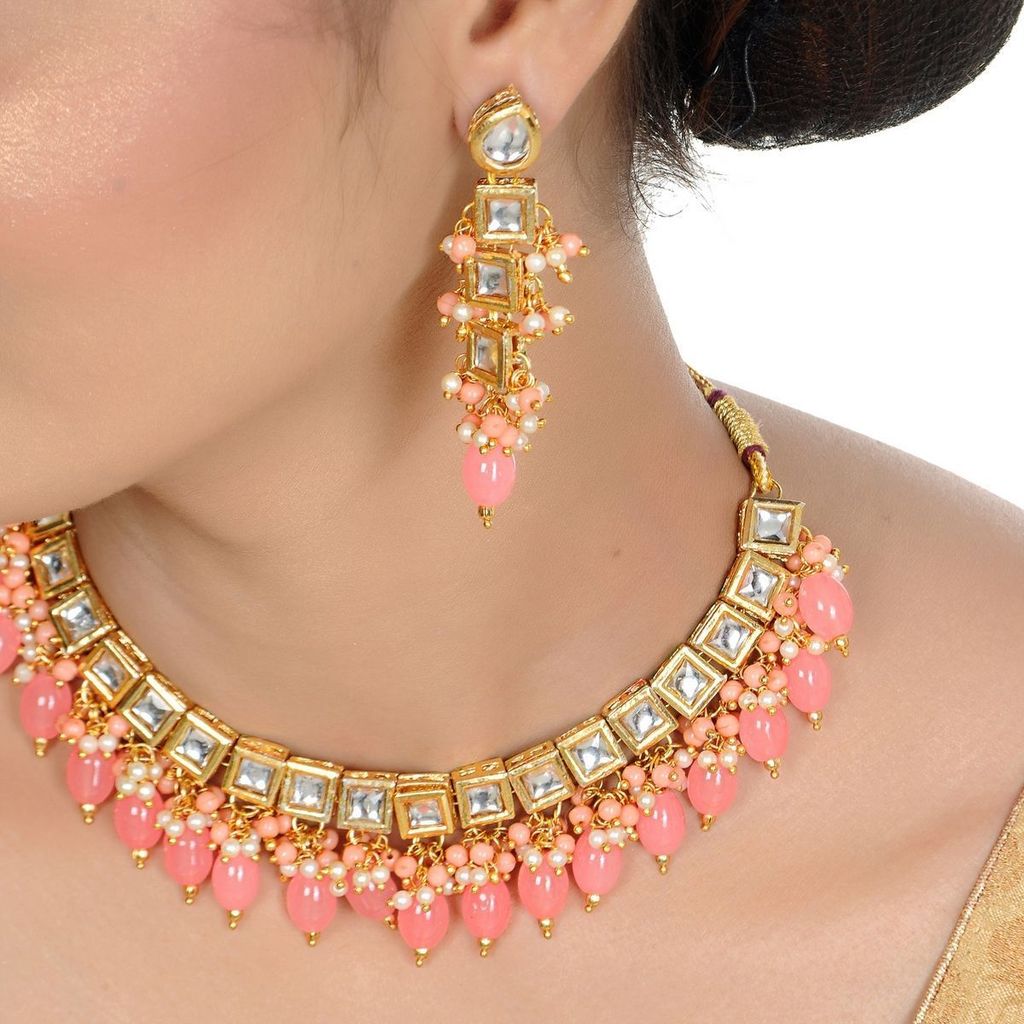 LUCKY JEWELLERY Back Meenakari 18k Gold Plated Peach Color Tika Earring Combo Uncut Big Faux Kundan Choker Necklace set