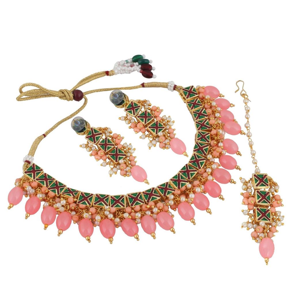 LUCKY JEWELLERY Back Meenakari 18k Gold Plated Peach Color Tika Earring Combo Uncut Big Faux Kundan Choker Necklace set