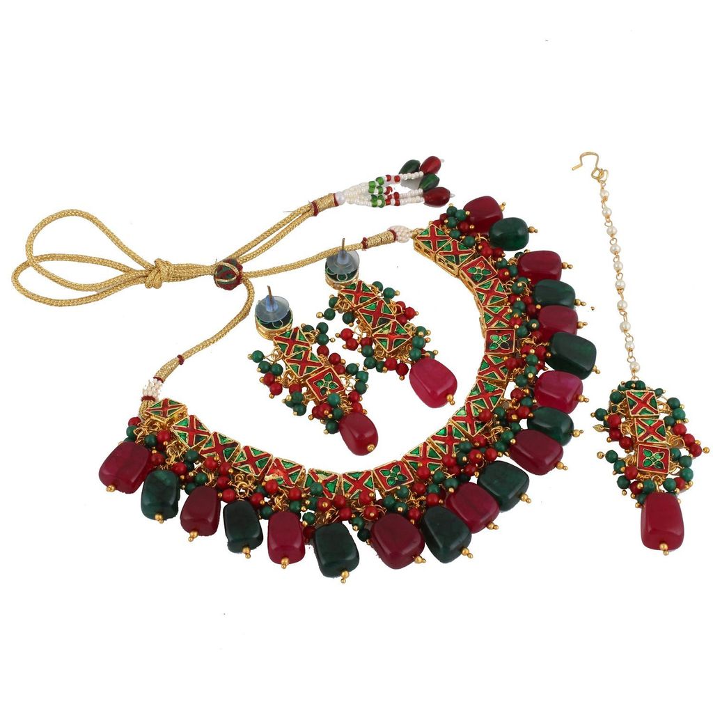 LUCKY JEWELLERY Back Meenakari 18k Gold Plated Multicolor Tika Earring Combo Uncut Big Faux Kundan Choker Necklace set