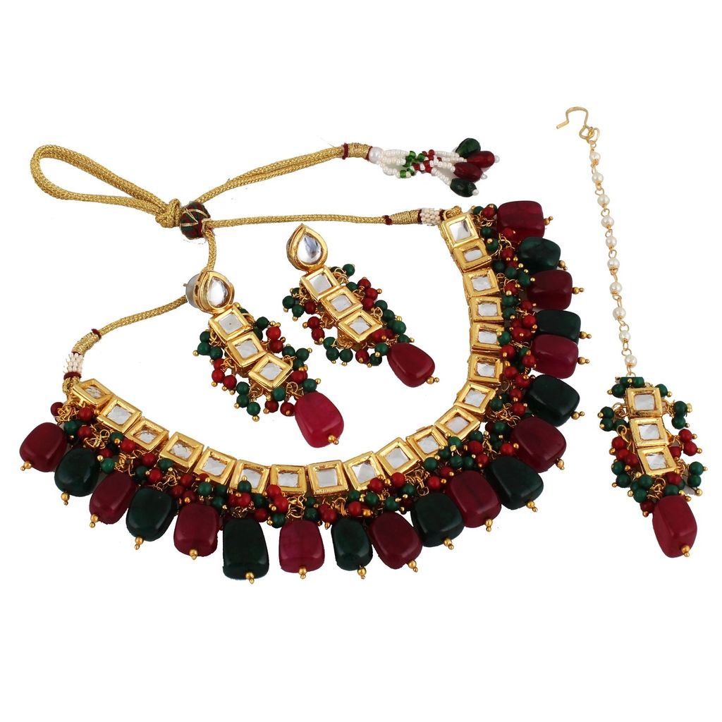 LUCKY JEWELLERY Back Meenakari 18k Gold Plated Multicolor Tika Earring Combo Uncut Big Faux Kundan Choker Necklace set
