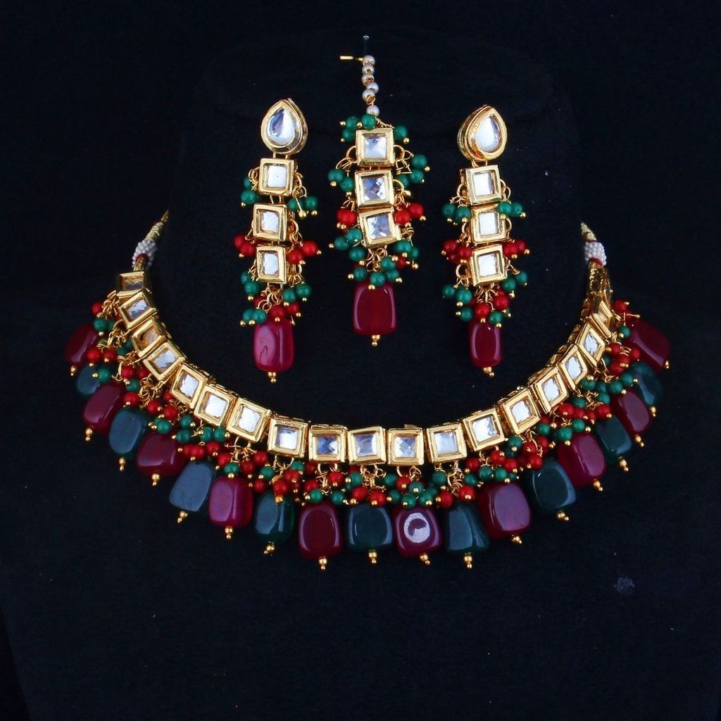 LUCKY JEWELLERY Back Meenakari 18k Gold Plated Multicolor Tika Earring Combo Uncut Big Faux Kundan Choker Necklace set