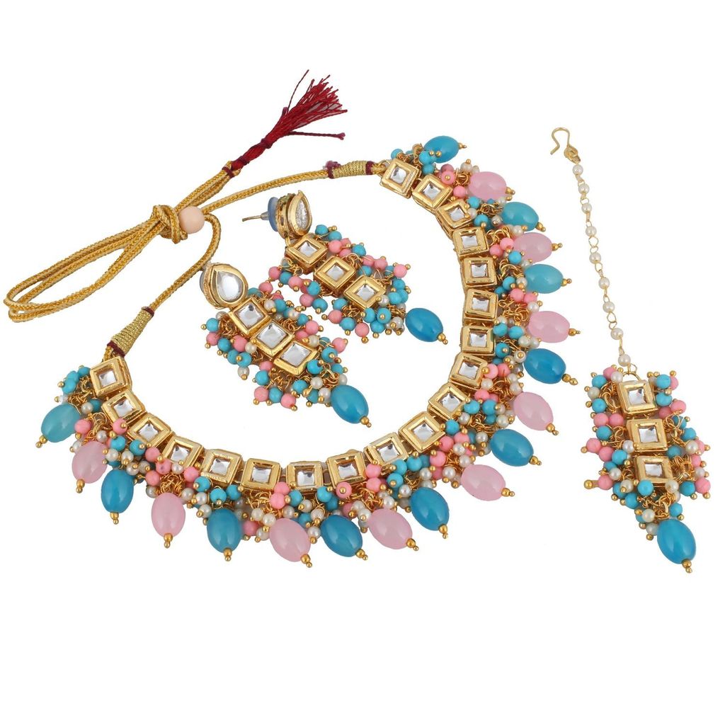 LUCKY JEWELLERY Back Meenakari 18k Gold Plated Multicolor Tika Earring Combo Uncut Big Faux Kundan Choker Necklace set