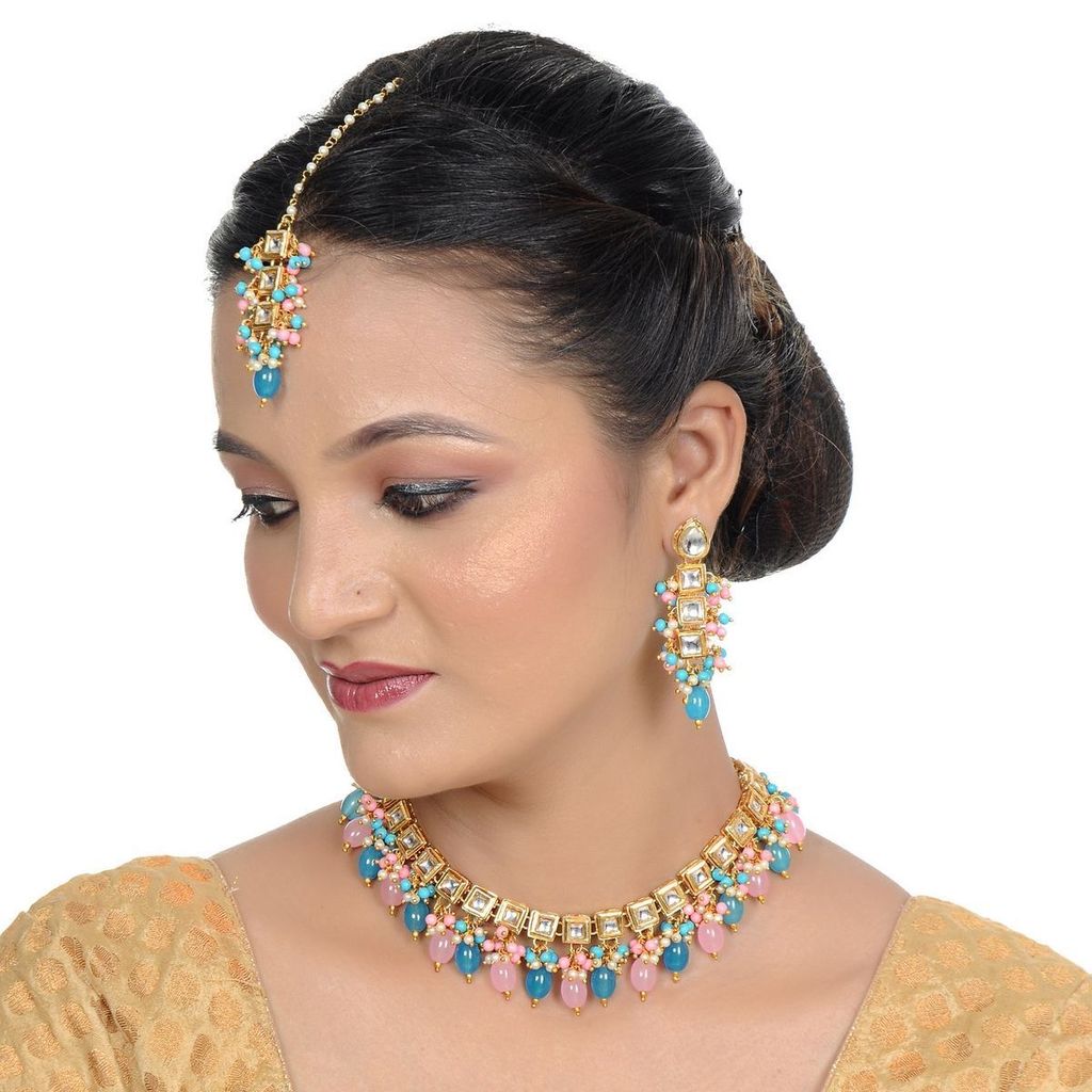 LUCKY JEWELLERY Back Meenakari 18k Gold Plated Multicolor Tika Earring Combo Uncut Big Faux Kundan Choker Necklace set