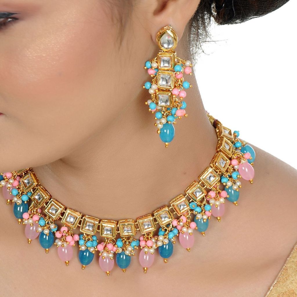 LUCKY JEWELLERY Back Meenakari 18k Gold Plated Multicolor Tika Earring Combo Uncut Big Faux Kundan Choker Necklace set