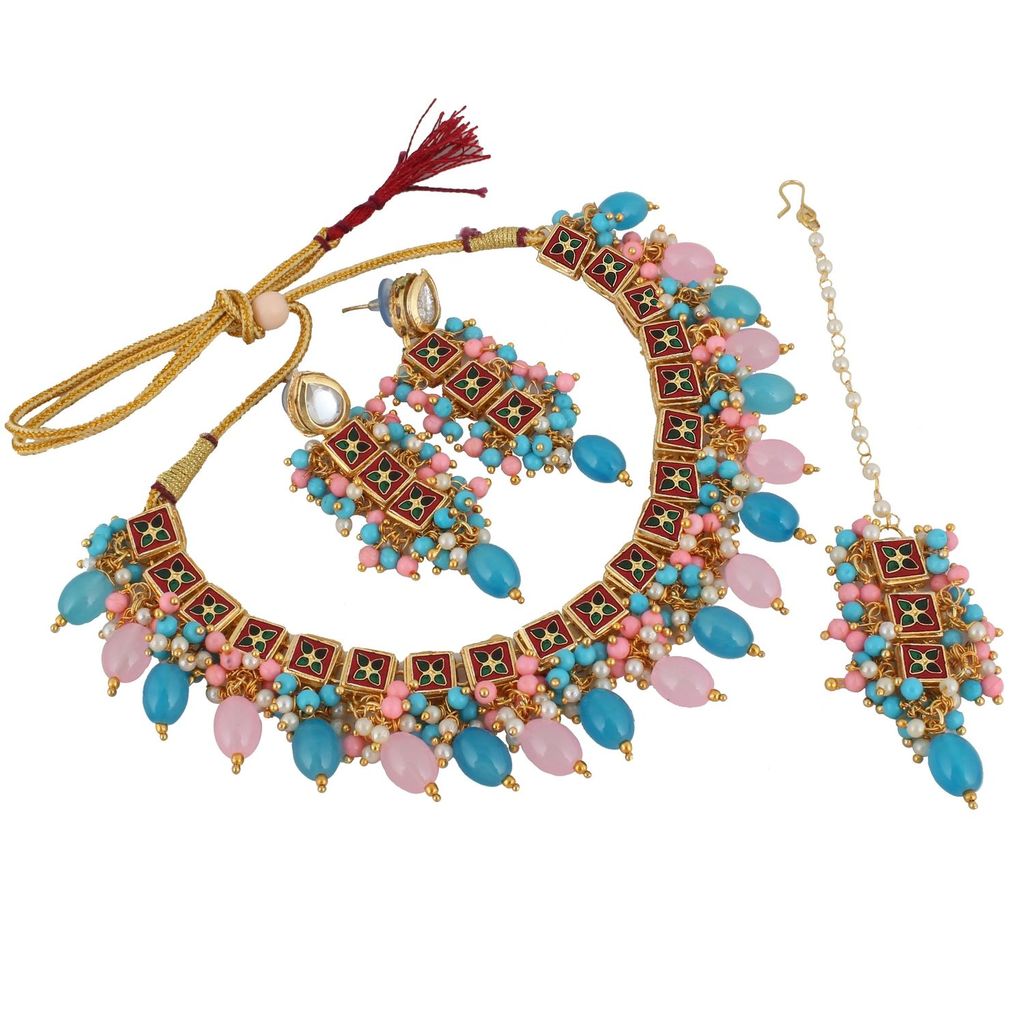 LUCKY JEWELLERY Back Meenakari 18k Gold Plated Multicolor Tika Earring Combo Uncut Big Faux Kundan Choker Necklace set