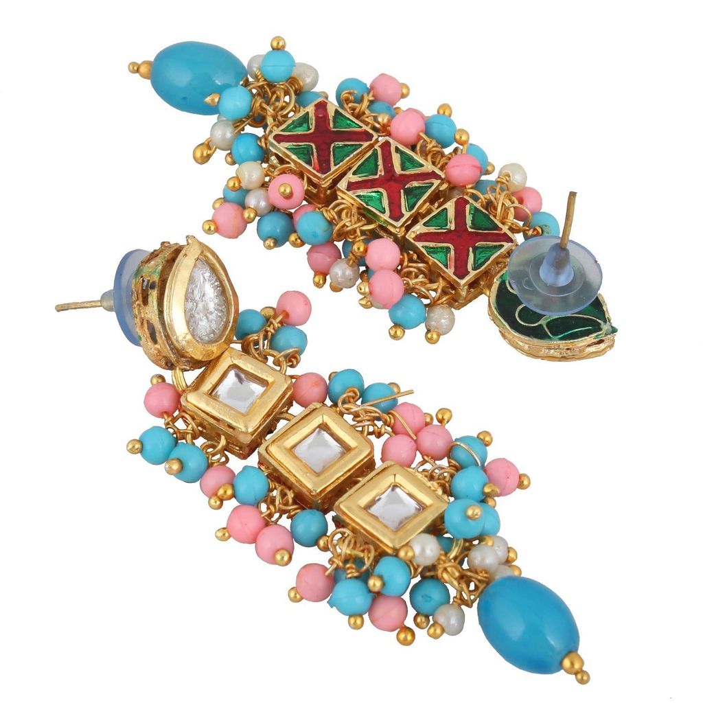 LUCKY JEWELLERY Back Meenakari 18k Gold Plated Multicolor Tika Earring Combo Uncut Big Faux Kundan Choker Necklace set