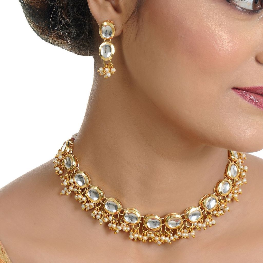 LUCKY JEWELLERY Back Meenakari 18k Gold Plated White Color Earring Combo Uncut Big Faux Kundan Choker Necklace set