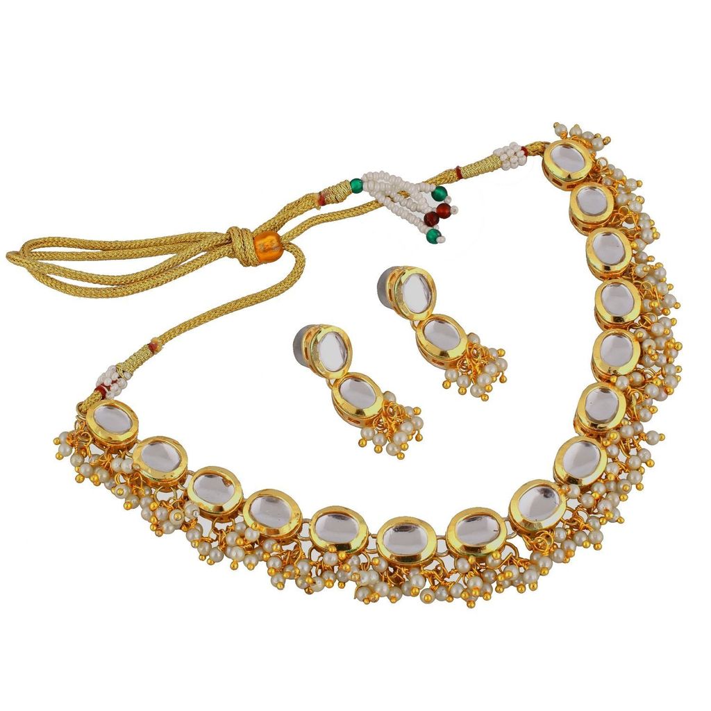 LUCKY JEWELLERY Back Meenakari 18k Gold Plated White Color Earring Combo Uncut Big Faux Kundan Choker Necklace set