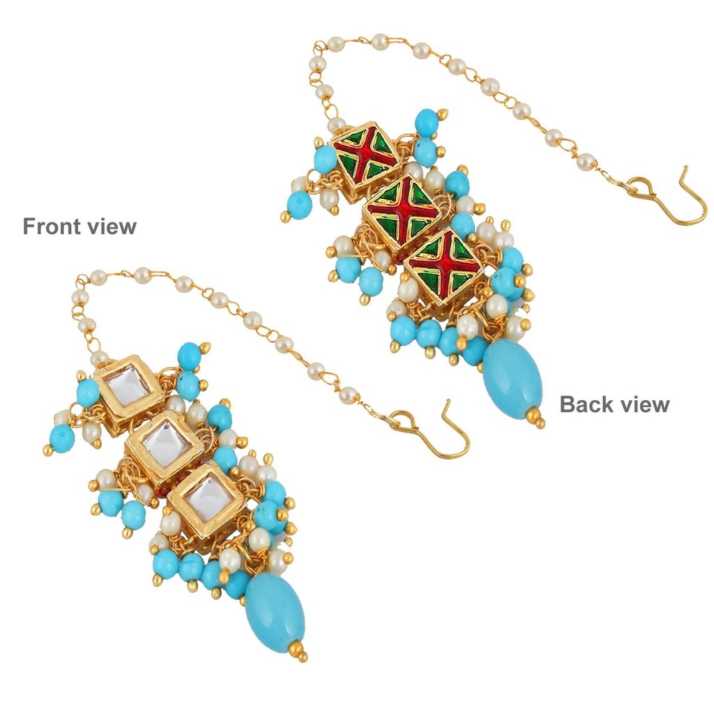 LUCKY JEWELLERY Back Meenakari 18k Gold Plated Blue Color Tika Earring Combo Uncut Big Kundan Choker Necklace set