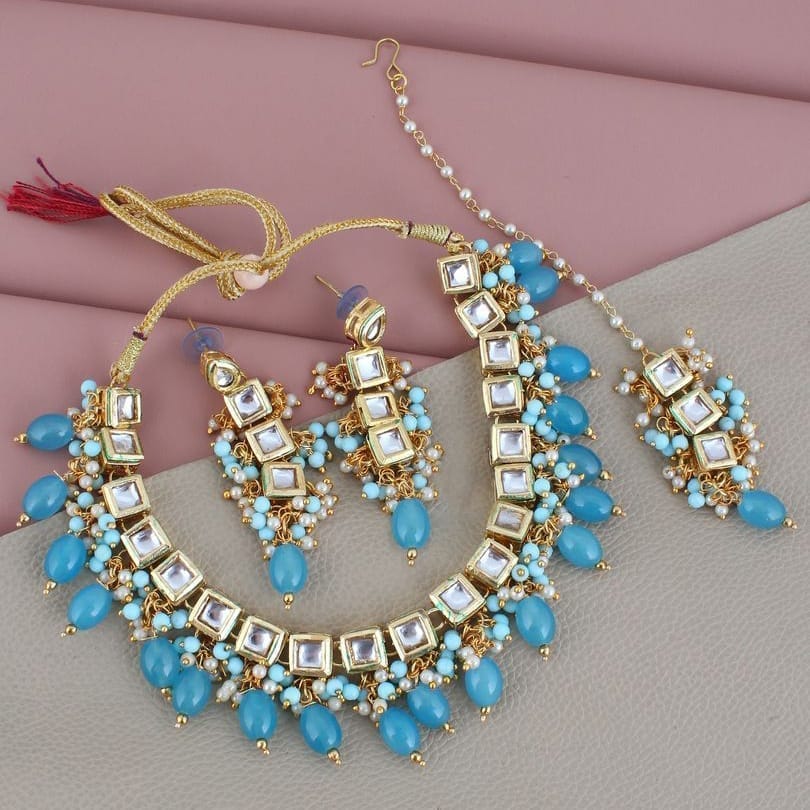LUCKY JEWELLERY Back Meenakari 18k Gold Plated Blue Color Tika Earring Combo Uncut Big Kundan Choker Necklace set