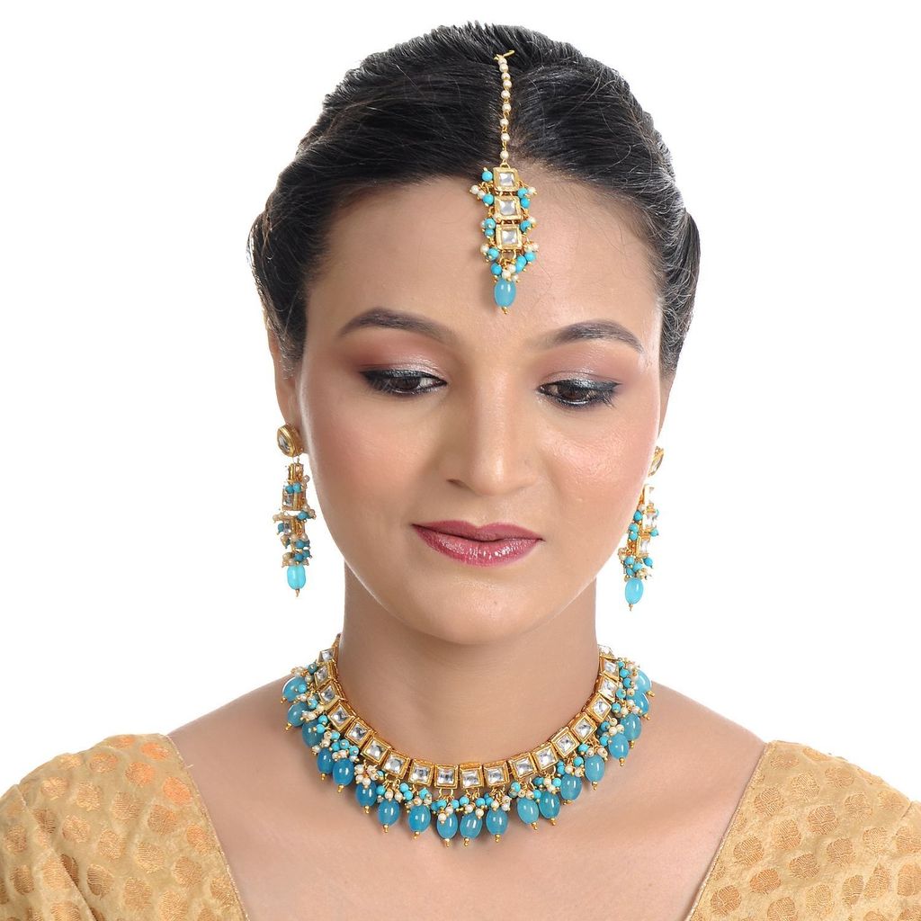 LUCKY JEWELLERY Back Meenakari 18k Gold Plated Blue Color Tika Earring Combo Uncut Big Kundan Choker Necklace set