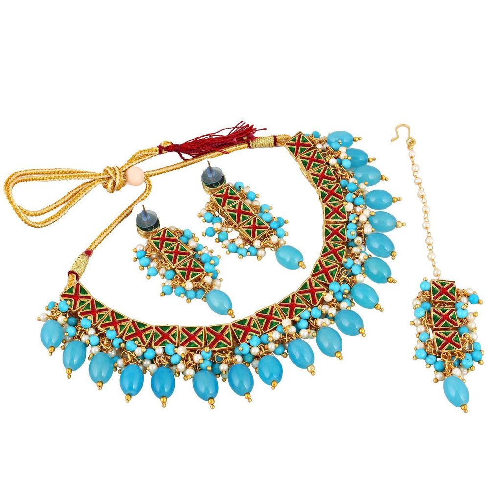 LUCKY JEWELLERY Back Meenakari 18k Gold Plated Blue Color Tika Earring Combo Uncut Big Kundan Choker Necklace set