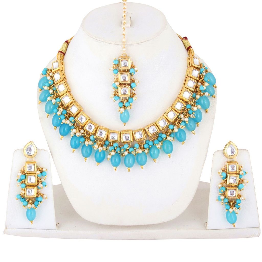 LUCKY JEWELLERY Back Meenakari 18k Gold Plated Blue Color Tika Earring Combo Uncut Big Kundan Choker Necklace set