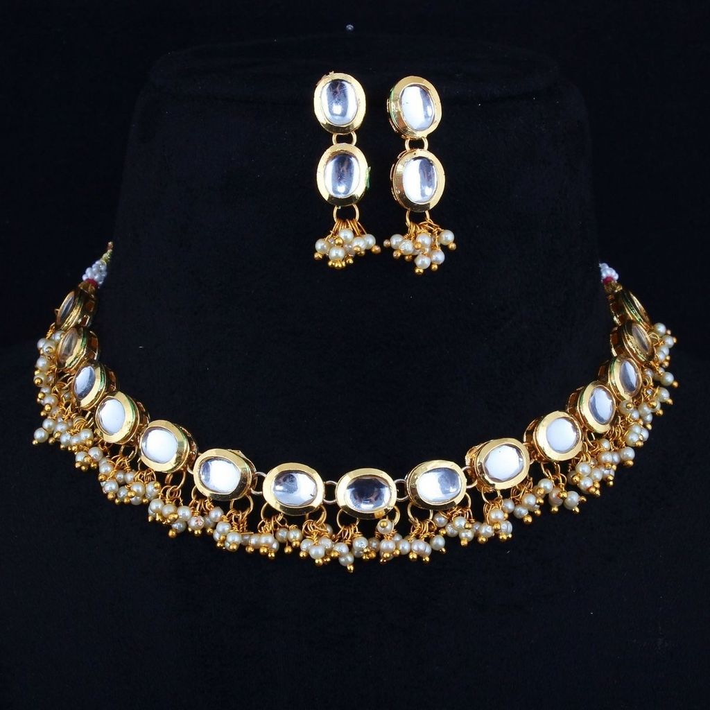 LUCKY JEWELLERY Back Meenakari 18k Gold Plated White Color Earring Combo Uncut Big Faux Kundan Choker Necklace set