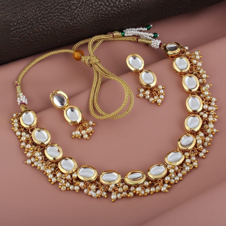 LUCKY JEWELLERY Back Meenakari 18k Gold Plated White Color Earring Combo Uncut Big Faux Kundan Choker Necklace set
