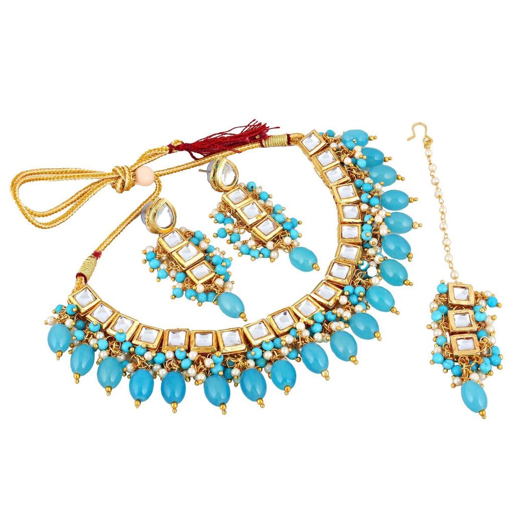 LUCKY JEWELLERY Back Meenakari 18k Gold Plated Blue Color Tika Earring Combo Uncut Big Kundan Choker Necklace set