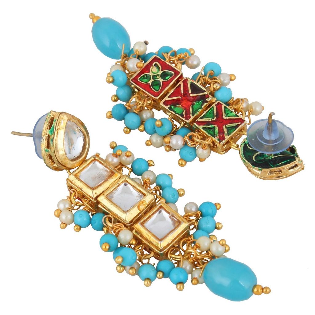 LUCKY JEWELLERY Back Meenakari 18k Gold Plated Blue Color Tika Earring Combo Uncut Big Kundan Choker Necklace set