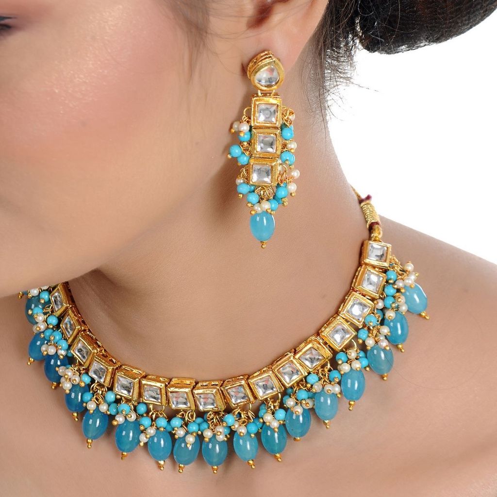 LUCKY JEWELLERY Back Meenakari 18k Gold Plated Blue Color Tika Earring Combo Uncut Big Kundan Choker Necklace set