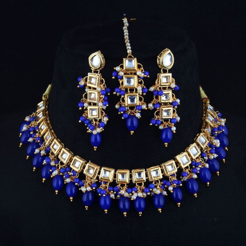 LUCKY JEWELLERY 18k Gold Plated Blue Color Tika Earring Uncut Big Faux Kundan Choker Necklace set