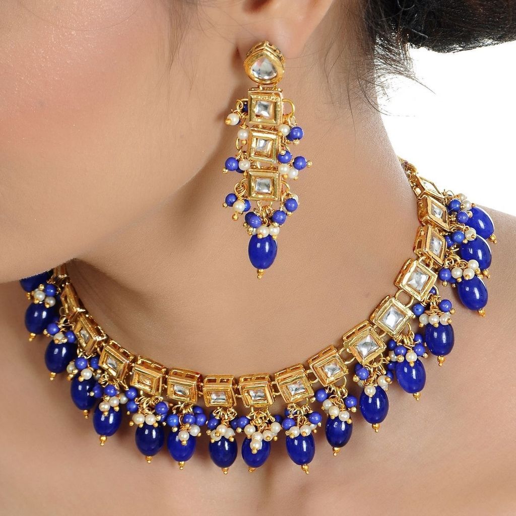 LUCKY JEWELLERY 18k Gold Plated Blue Color Tika Earring Uncut Big Faux Kundan Choker Necklace set