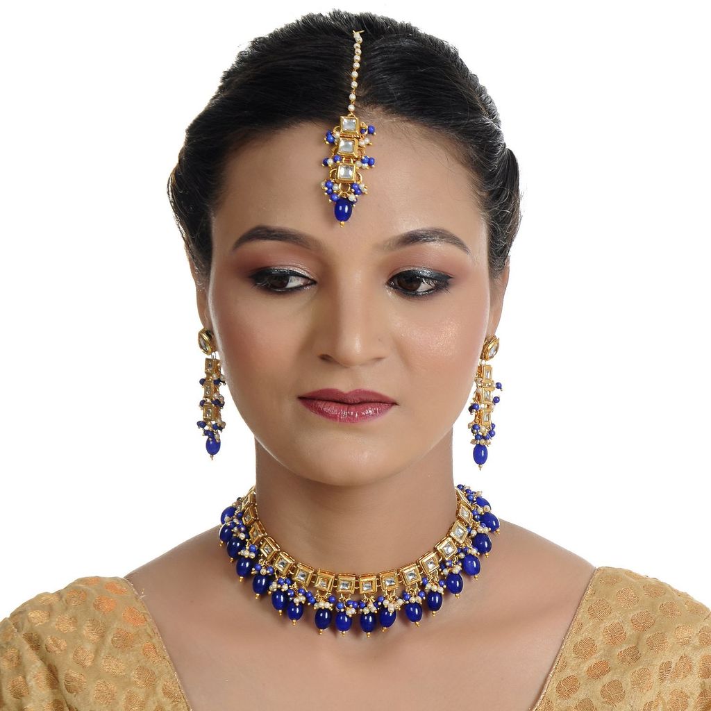LUCKY JEWELLERY 18k Gold Plated Blue Color Tika Earring Uncut Big Faux Kundan Choker Necklace set