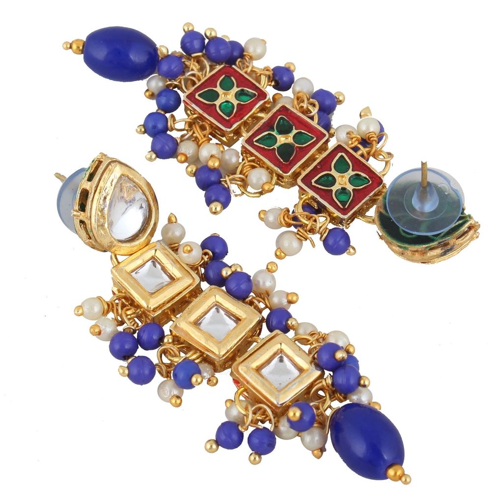 LUCKY JEWELLERY 18k Gold Plated Blue Color Tika Earring Uncut Big Faux Kundan Choker Necklace set