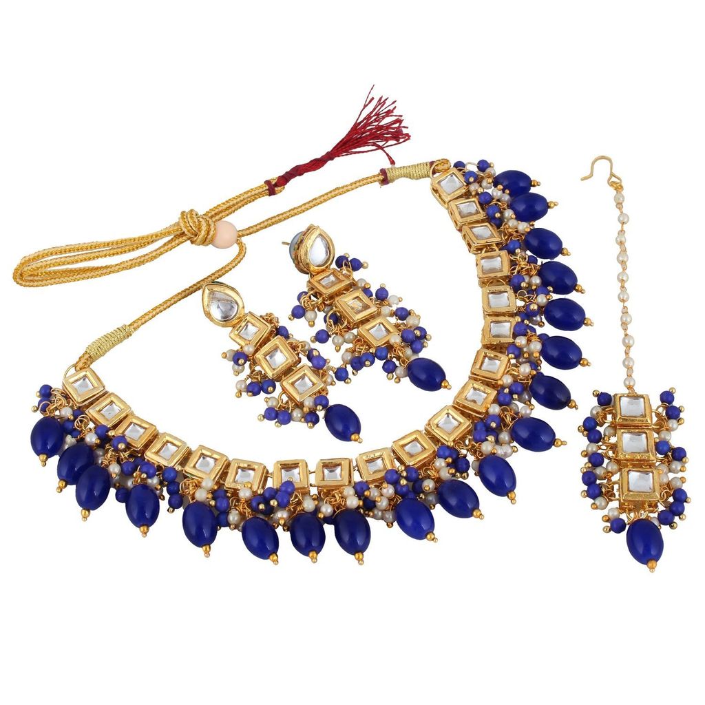 LUCKY JEWELLERY 18k Gold Plated Blue Color Tika Earring Uncut Big Faux Kundan Choker Necklace set