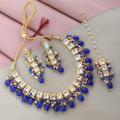 LUCKY JEWELLERY  18k Gold Plated Blue Color Tika Earring Uncut Big Faux Kundan Choker Necklace set