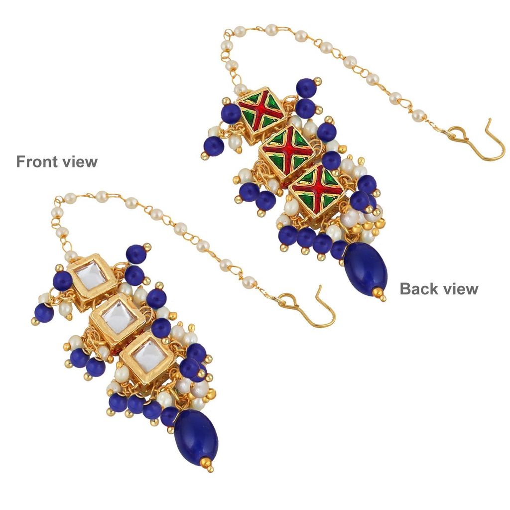 LUCKY JEWELLERY 18k Gold Plated Blue Color Tika Earring Uncut Big Faux Kundan Choker Necklace set