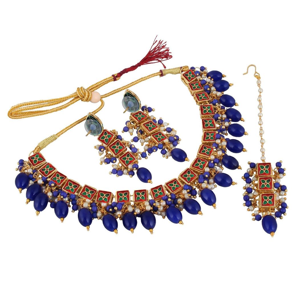LUCKY JEWELLERY 18k Gold Plated Blue Color Tika Earring Uncut Big Faux Kundan Choker Necklace set