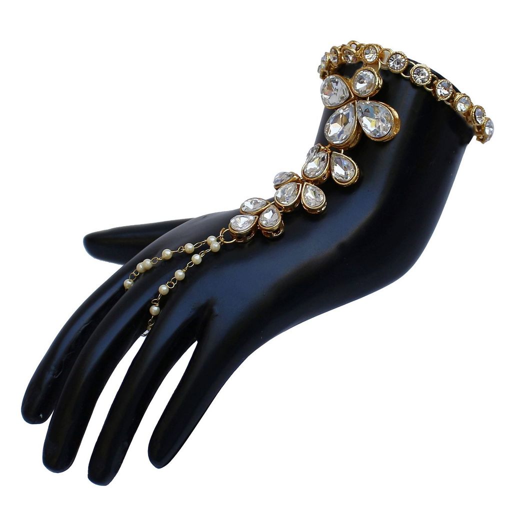 Lucky Jewellery Elegant White Color Gold Plated Finger Ring Bracelet Hand Harness Hathphool For Girls & Women (159-L1HS-02-W)