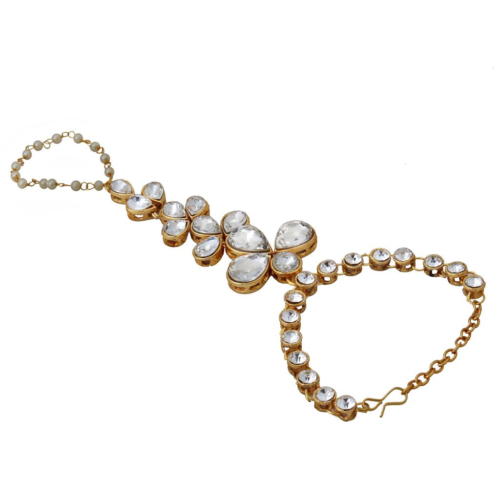 Lucky Jewellery Elegant White Color Gold Plated Finger Ring Bracelet Hand Harness Hathphool For Girls & Women (159-L1HS-02-W)