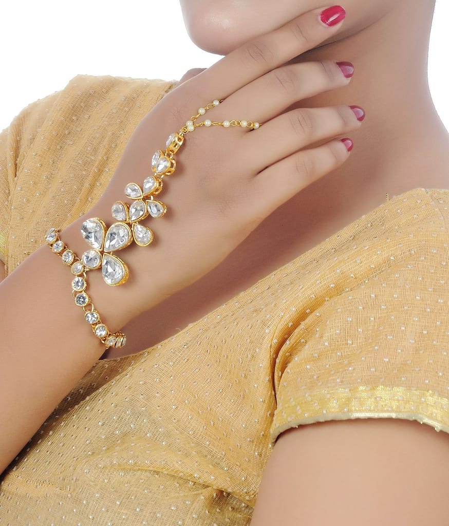 Lucky Jewellery Elegant White Color Gold Plated Finger Ring Bracelet Hand Harness Hathphool For Girls & Women (159-L1HS-02-W)