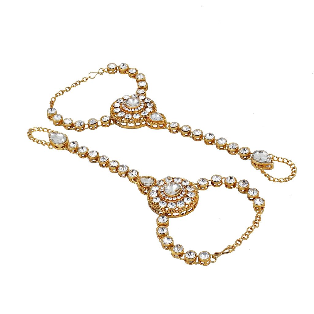 Lucky Jewellery Elegant White Color Gold Plated Finger Ring Bracelet Hand Harness Hathphool For Girls & Women (318-L1HS-21-W-2)