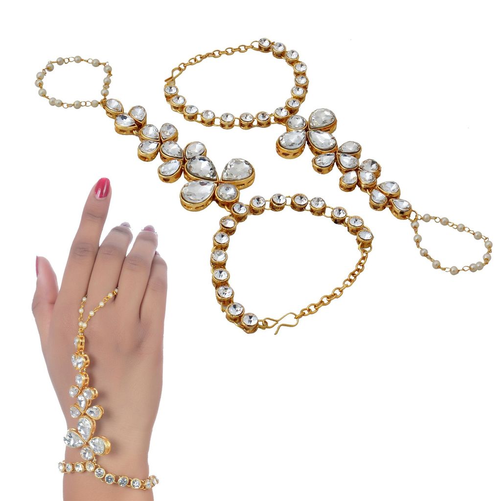 Lucky Jewellery Elegant White Color Gold Plated Finger Ring Bracelet Hand Harness Hathphool For Girls & Women (318-L1HS-02-W-2)