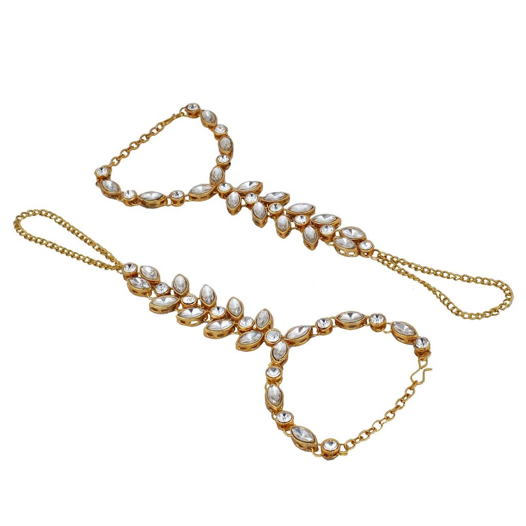 Lucky Jewellery Elegant White Color Gold Plated Finger Ring Bracelet Hand Harness Hathphool For Girls & Women (298-L1HS-11-W-2)