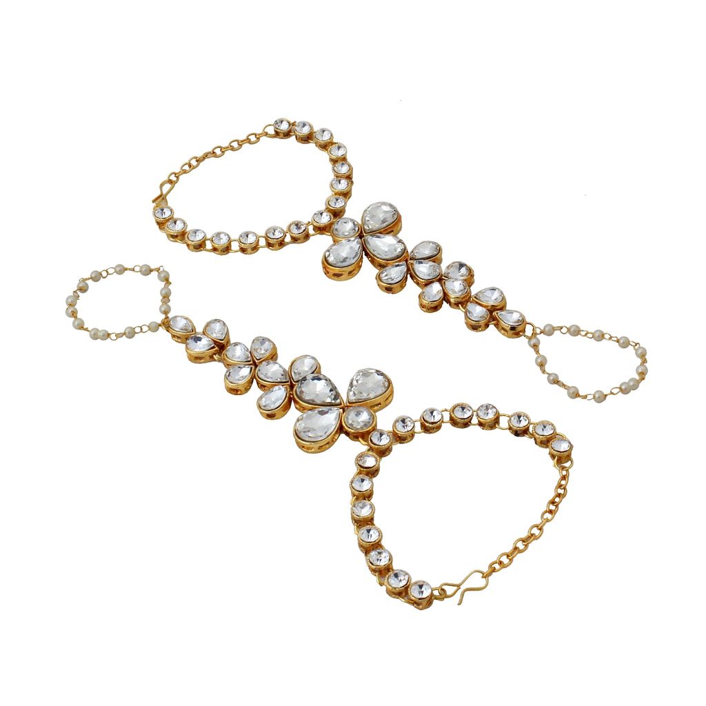 Lucky Jewellery Elegant White Color Gold Plated Finger Ring Bracelet Hand Harness Hathphool For Girls & Women (318-L1HS-02-W-2)