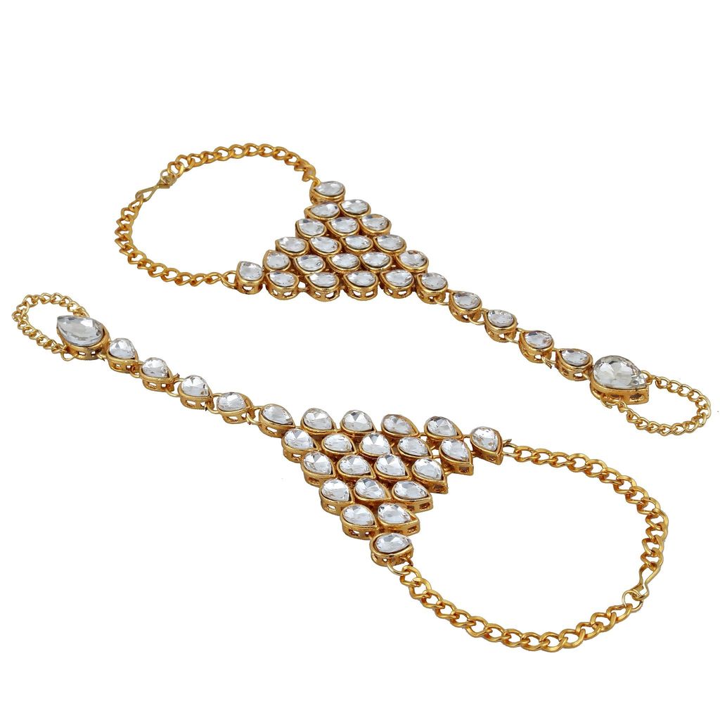 Lucky Jewellery Elegant White Color Gold Plated Finger Ring Bracelet Hand Harness Hathphool For Girls & Women (430-L1HS-16-W-2)