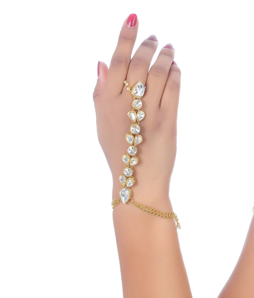 Lucky Jewellery Elegant White Color Gold Plated Finger Ring Bracelet Hand Harness Hathphool For Girls & Women (318-L1HS-07-W-2)