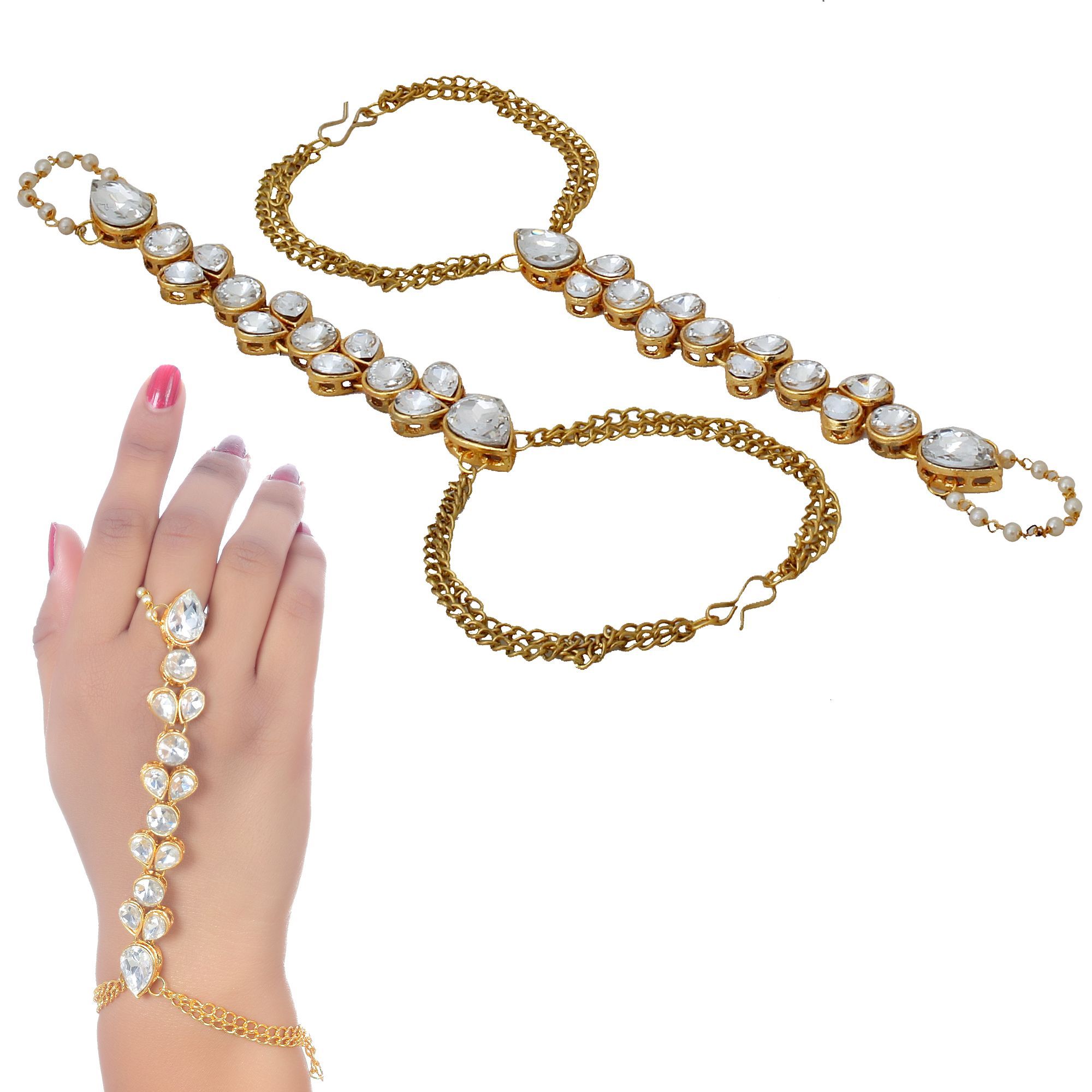 Lucky Jewellery Elegant White Color Gold Plated Finger Ring Bracelet Hand Harness Hathphool For Girls & Women (318-L1HS-07-W-2)
