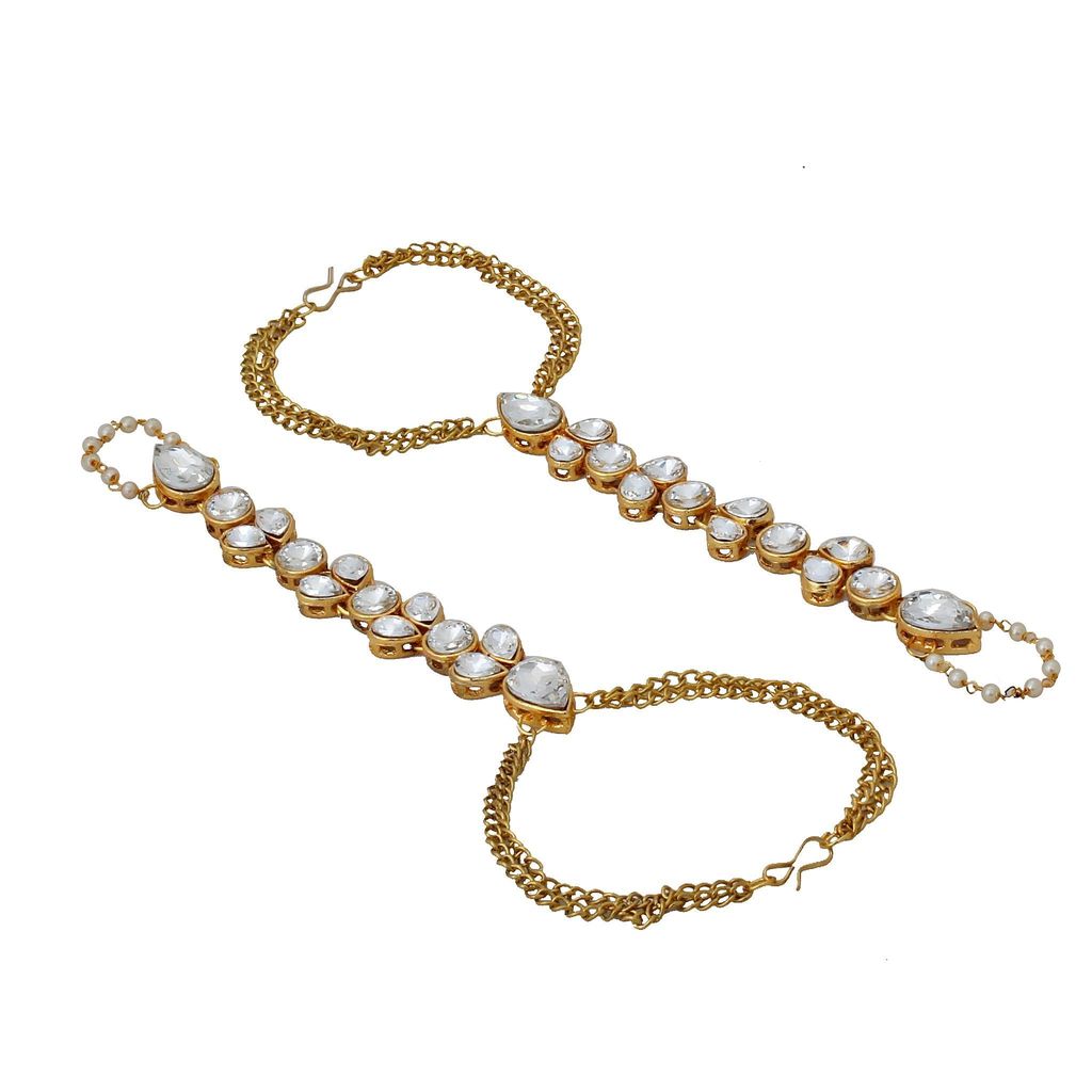 Lucky Jewellery Elegant White Color Gold Plated Finger Ring Bracelet Hand Harness Hathphool For Girls & Women (318-L1HS-07-W-2)